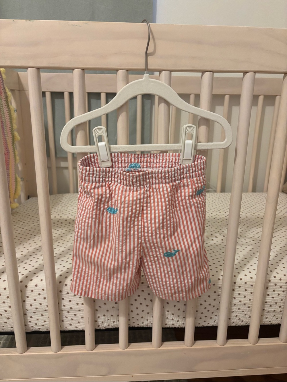 Kelly's Kids Pink and White Seersucker Shorts with Blue Whale Motif